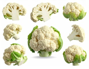 Cauliflower collection, whole, halved, on white background