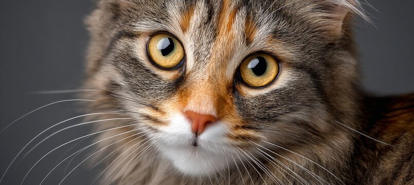 Mesmerizing Portrait of a Calico Cat with Intense Gaze and Soulful Eyes Against a Grey Background