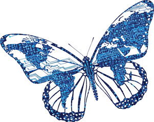 Butterfly wings with world map and circuit board pattern conceptual illustration for technology and global connectivity isolated on white