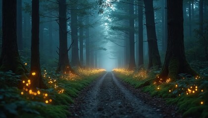 Fototapeta premium Path through dark forest with glowing fireflies illuminating mossy ground. Tall trees create canopy above dirt road. Mystical, magical, nocturnal scene. Ethereal light guides way.