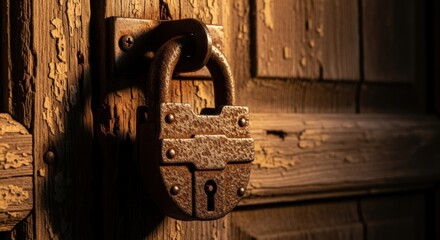 Unlock timeless beauty with rustic padlock on weathered wooden door evoking safety and old world charm