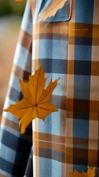 Falling leaves dance against plaid shirt in autumn breeze