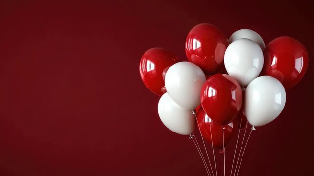 A bouquet of red and white heart-shaped helium balloons, floating in the air against a dark backdrop.