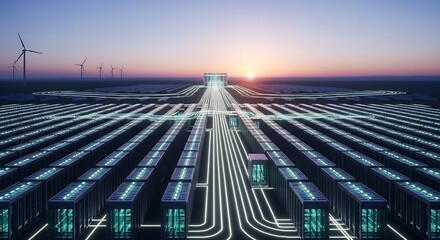 Rows of servers link to solar panelswindmills in a grid under a sunset