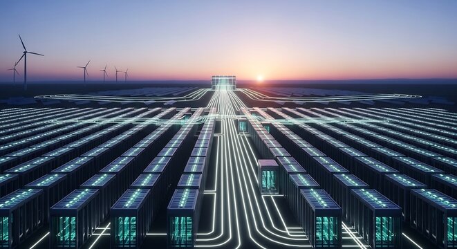 Rows of servers link to solar panelswindmills in a grid under a sunset