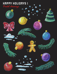 Chalk Pastel Christmas Clipart Set – Illustrations de Noël dessinées à la main : boules, sapin, neige, bonhomme pain d'épices, branches de sapin, décorations festives