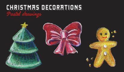 Chalk Pastel Christmas Clipart Set – Illustrations de Noël dessinées à la main : boules, sapin, neige, bonhomme pain d'épices, branches de sapin, décorations festives