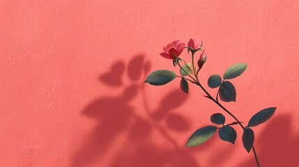Delicate Pink Rose Against Vibrant Coral Wall Casting a Soft Shadow, Elegant Floral Decoration for Home or Office Space, Aesthetic Flower Element