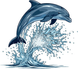 Dolphin jumping out of water vector illustration with splash effect isolated on white background