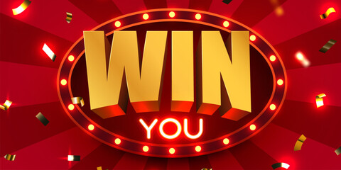 Exciting golden WIN YOU text on a vibrant red background with a glowing marquee and confetti. Perfect for promotions and celebrations. © hobbitfoot