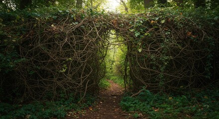 Dense, tangled mass of wild vines and roots creating an impenetrable natural barrier deep within the wild forest environment ,jungle growth ,nature ,labyrinth