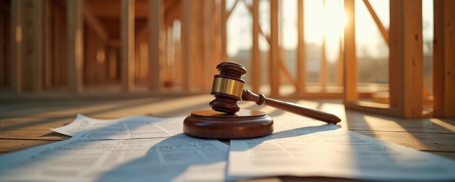 Gavel rests on scattered paper documents at construction site. Court hammer concept of legal regulations, construction law. Presents building contracts, blueprints, agreements for real estate.