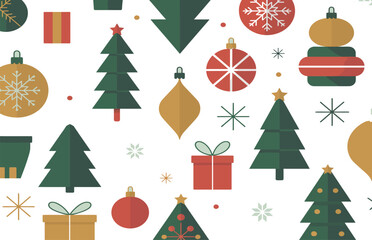 Flat Christmas Pattern with Trees, Ornaments, Snowflakes and Gift Boxes