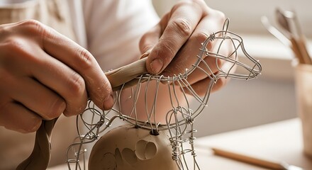 Sculptor hand crafting animal sculpture with clay and wire framework art