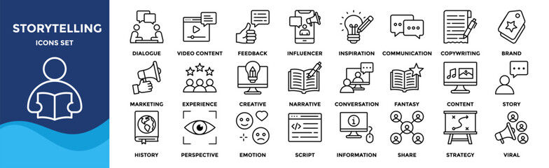 Storytelling icon set collection in flat style. Icon pack contains narrative, plot, script, dialogue, video content, strategy, influencer, inspiration, communication, content, marketing, viral