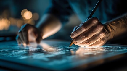 Close-up of architect's hands working on blueprint with pencil in dramatic blue lighting, showcasing precision and craftsmanship in design process.