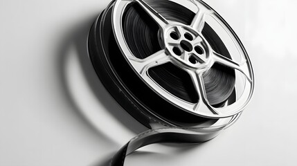 Black and white close up of a classic cinema movie reel on a white surface.