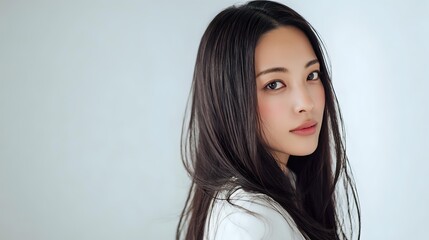 Young Asian woman with long dark hair against light background, natural makeup and serene expression conveying confidence and tranquility.