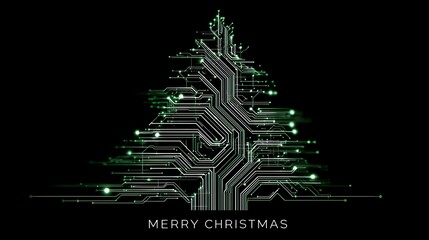 Digital circuit board in shape of Christmas tree with glowing green lines and light points on black background. Festive tech concept.
