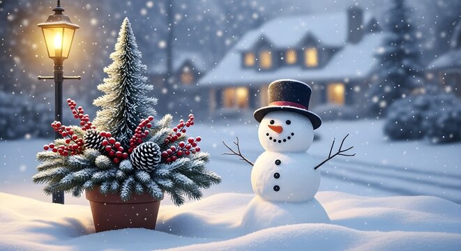 Snowman and christmas tree in a snowy winter wonderland scene with falling snow