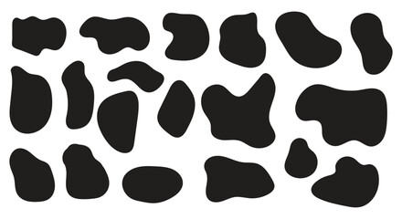 Fluid abstract rounded organic forms with soft blob shapes, curved liquid figures, irregular bubble outlines, smooth wavy strokes, geometric minimal splashes, trendy asymmetric textures, and clean