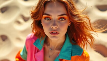 Woman with vibrant makeup, red hair poses in colorful outfit against sandy background. Expressive eyes, bright clothing create striking, summery fashion statement. Sunlight highlights features, wind