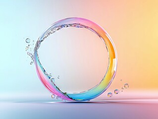 A dynamic, circular splash of water with rainbow colors, creating a ring shape, with small bubbles scattering around it. The background is a smooth gradient tra