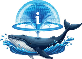 Whale breaching with an information symbol under a digital dome conceptual vector illustration for data and technology isolated on white