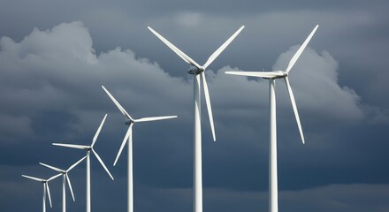 Giant white turbines spinning silently against a dramatic cloudy sky, harnessing the immense power of natural air currents to generate sustainable electricity ,energy ,perspective ,electricity