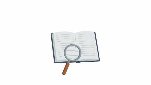 Flat vector open book with a magnifier overlay, created with soft outlines and alpha-channel motion styling, optimized for 4K clarity in clean visual compositions.
