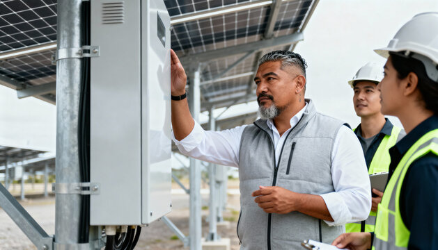 A diverse team of engineers inspecting solar panels at a power plant. Senior technician explaining technology to colleagues during maintenance. Renewable energy and sustainability concept - Powered by Adobe