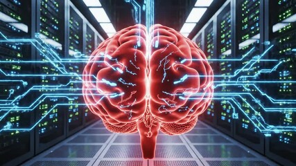 A glowing red brain in a server room, with blue glowing neurons and digital abstract elements - Powered by Adobe