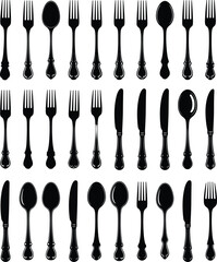Elegant vintage cutlery silhouette pattern featuring forks, spoons, and knives arranged in seamless rows for kitchen design, restaurant branding, and culinary projects