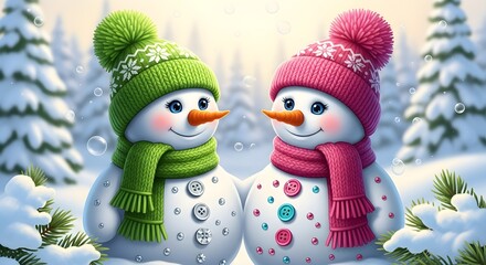 Two adorable snowmen wearing knitted hats and scarves in a winter wonderland scene
