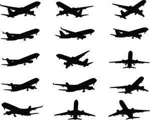 Silhouette collection of commercial airplanes in various flight angles and positions, detailed black vector aircraft icons for aviation design projects