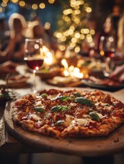 Festive wood fired pizza with fresh basil on wooden peel for holiday party sharing, Christmas celebration food concept, warm cinematic dining

