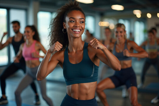 High-Energy Fitness Class: Smiling Woman Leading Group Cardio Workout in Gym - Powered by Adobe