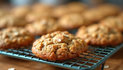 Oatmeal cookies fresh from oven cooling on wire rack. Baked sweet treats ready for eating. Homemade biscuits with oats, nuts, and possibly chocolate chips perfect snack.