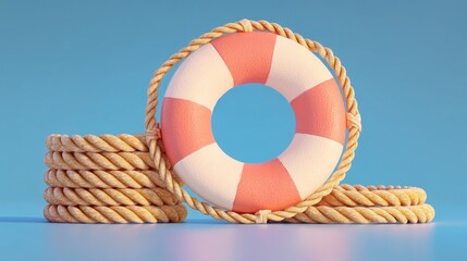 Colorful Lifebuoy and Coiled Ropes on Bright Blue Background for Water Safety and Summer Fun Representation in Stock Photo Imagery