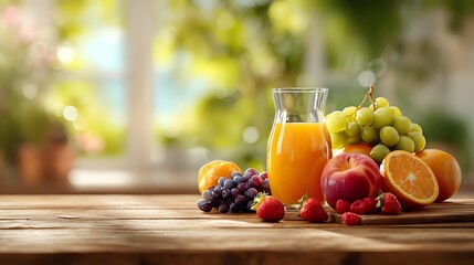 Fresh fruit assortment with orange juice on wooden table against blurred garden background, ideal for healthy breakfast concepts.
