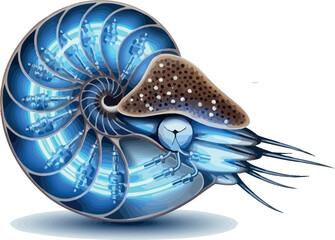 Futuristic nautilus shell illustration with glowing blue elements a modern design concept for technology and innovation isolated on white