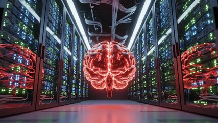 A glowing red brain floats in a data center, surrounded by server racks - Powered by Adobe