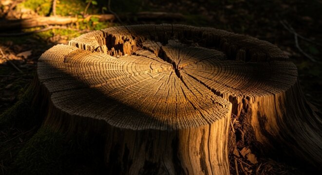 Stunning tree stump bathed in golden light evokes nature's resilience and quiet beauty in the forest