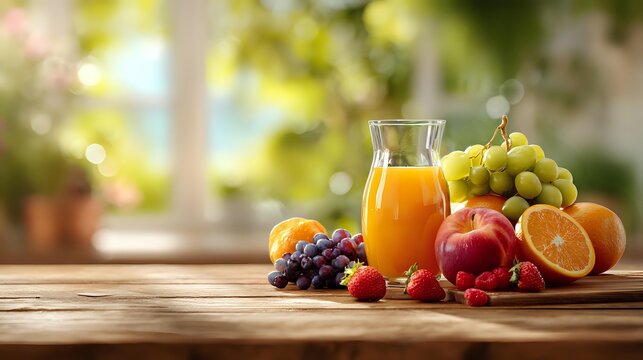 Fresh fruit assortment with orange juice on wooden table against blurred garden background, ideal for healthy breakfast concepts.