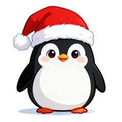 Fototapeta premium Cute cheerful penguin illustration with red Santa hat for Christmas holiday season. happy winter character