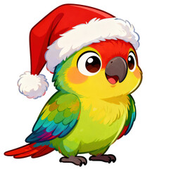 Fototapeta premium Cute colorful cartoon parrot bird in red Santa hat smiling. happy, festive character for Christmas holiday