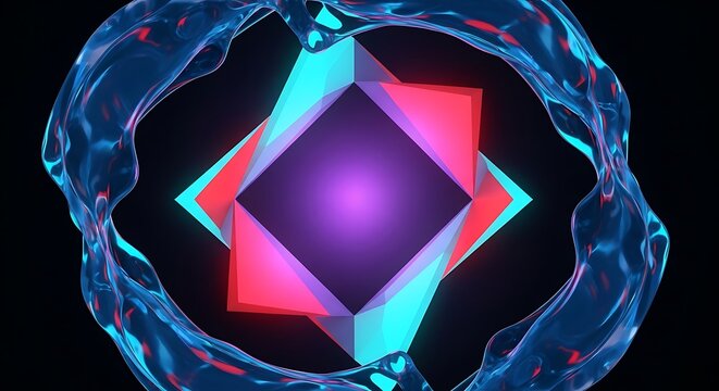 Dynamic futuristic digital rendering with liquid ring and polygonal shape