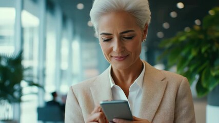 Middle-aged businesswoman using cell phone in modern office setting. - Powered by Adobe