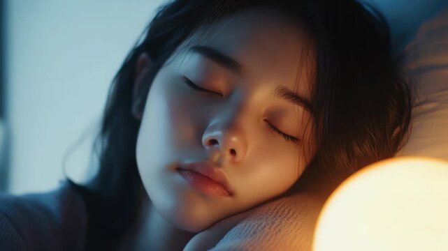 Sleeping woman's face close-up, with eyes closed in peaceful rest. Girl laying down, likely at nighttime. Soft lighting on her face.