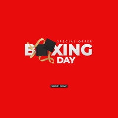 Boxing day Sale Banner vector illustration. Surprise present box with gold ribbon on red background